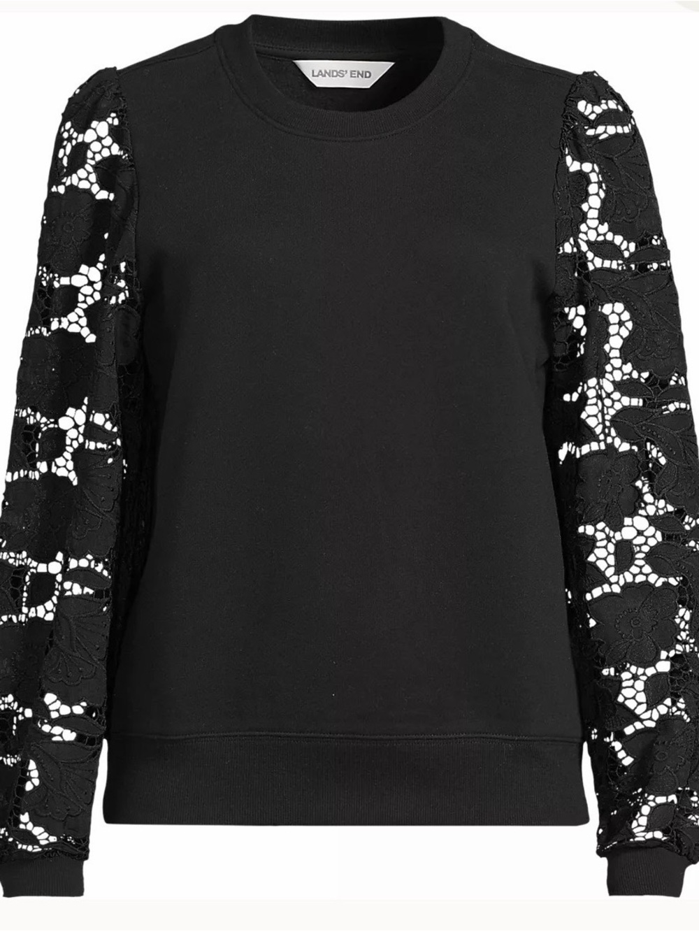 Lands' End Black Lace-Sleeve Pullover Sweatshirt